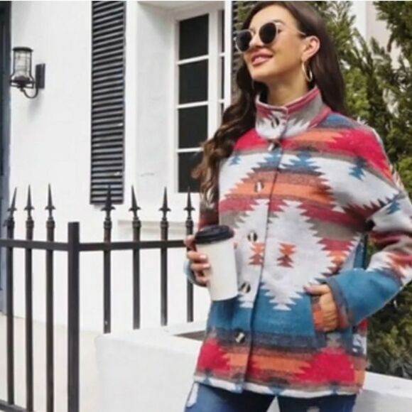 Aztec Pattern Ethnic Boho Coat Jacket Sz 14 - Picture 6 of 7